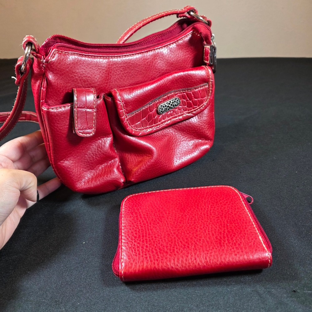 Red Faux Leather Crossbody Bag and Wallet Set Croc Embossed Trim Multi-Pocket